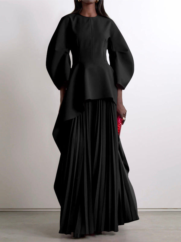 Olivia Bennet | Long Sleeves Loose Pleated Solid Color Split-Joint Tiered Round-Neck Maxi Dresses