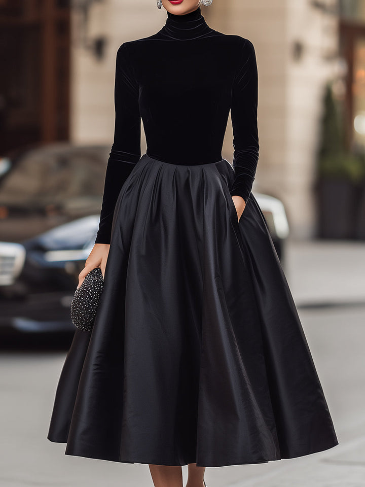 Olivia Bennet | Elegant Black Velvet And Satin Midi Dress