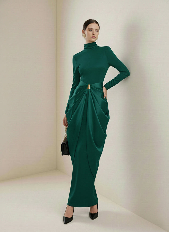 Olivia Bennet | Long Sleeves Buckle Draped High-Neck Evening Dresses Maxi Dresses
