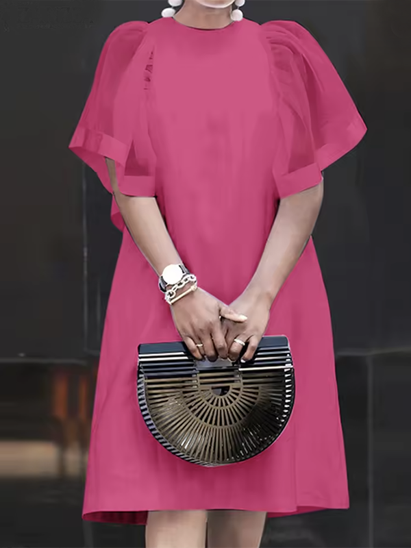 Olivia Bennet | Short Sleeves Pleated See-Through Solid Color Split-Joint Round-Neck Mini Dresses