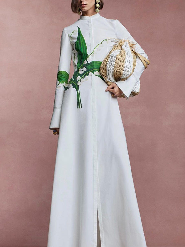 Olivia Bennet | A-Line Long Sleeves Buttoned Flower Print Round-Neck Maxi Dresses