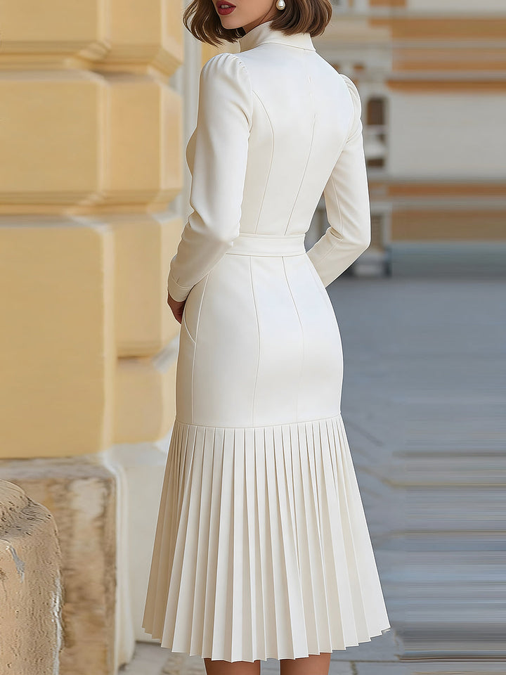 Olivia Bennet | Ivory High-Neck, Belted Pleated Chiffon Midi Dress