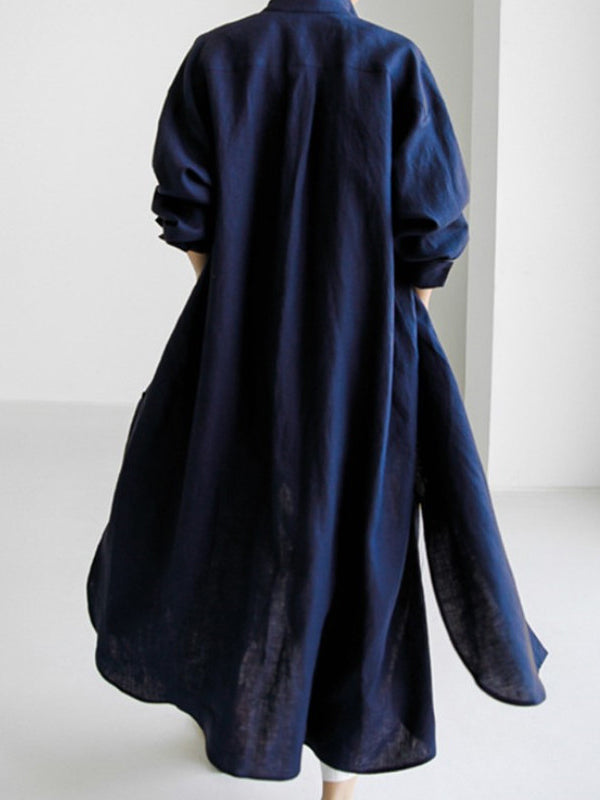 Olivia Bennet | Simple Long Sleeves Split-Side Solid Color Lapel Midi Dresses Shirt Dress