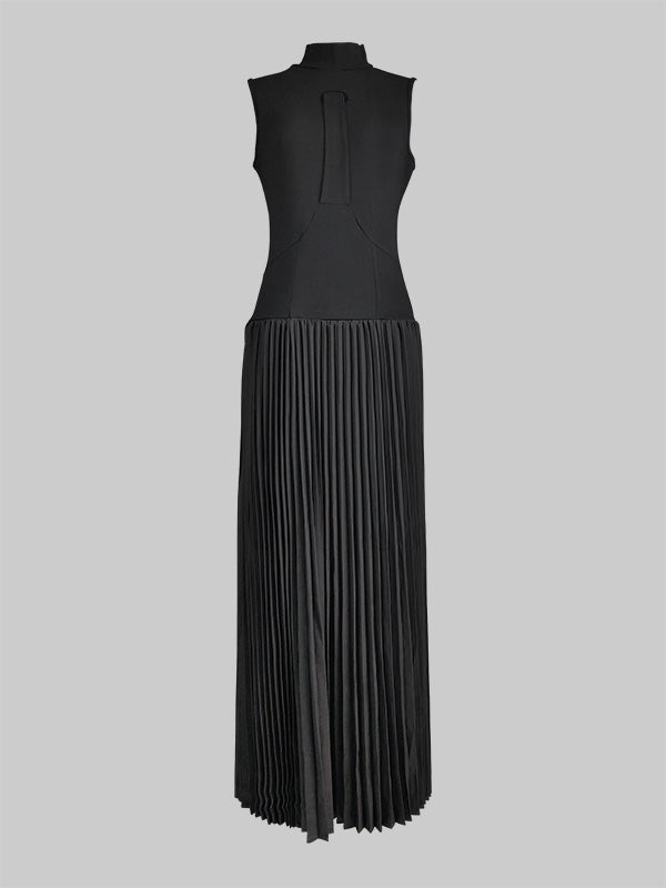 Olivia Bennet | Bodycon Sleeveless Hollow Pleated Solid Color Split-Joint Mock Neck Maxi Dresses