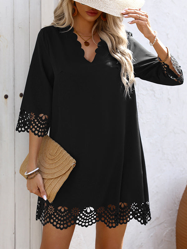 Olivia Bennet | A-Line Loose Hollow Solid Color V-Neck Mini Dresses
