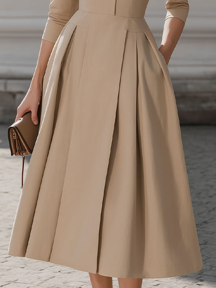 Olivia Bennet | Beige Shirt-Collar Pleated Midi Dress