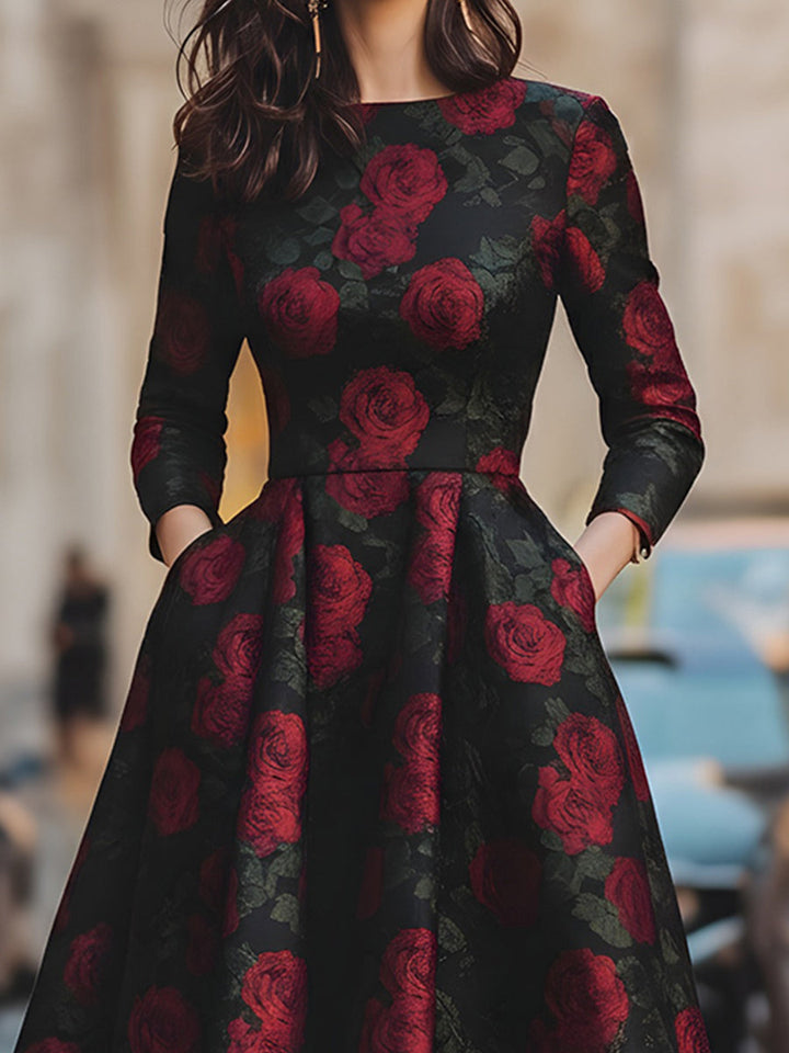 Olivia Bennet | Rose-Print Midi Jacquard Dress