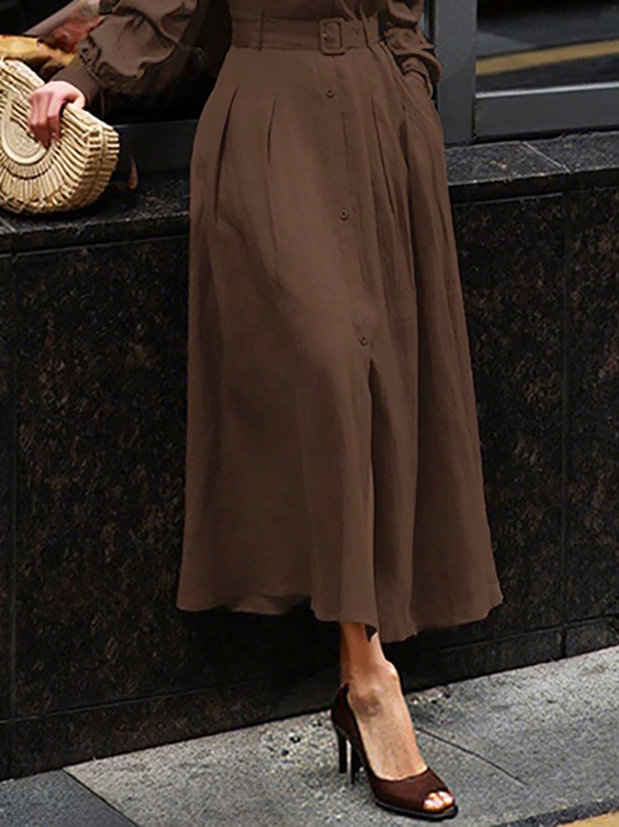 Olivia Bennet | Loose Puff Sleeves Pleated Solid Color Split-Joint Lapel Maxi Dresses Shirt Dress