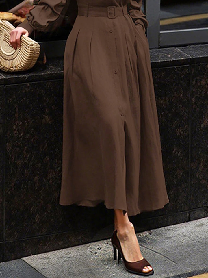 Olivia Bennet | Loose Puff Sleeves Pleated Solid Color Split-Joint Lapel Maxi Dresses Shirt Dress