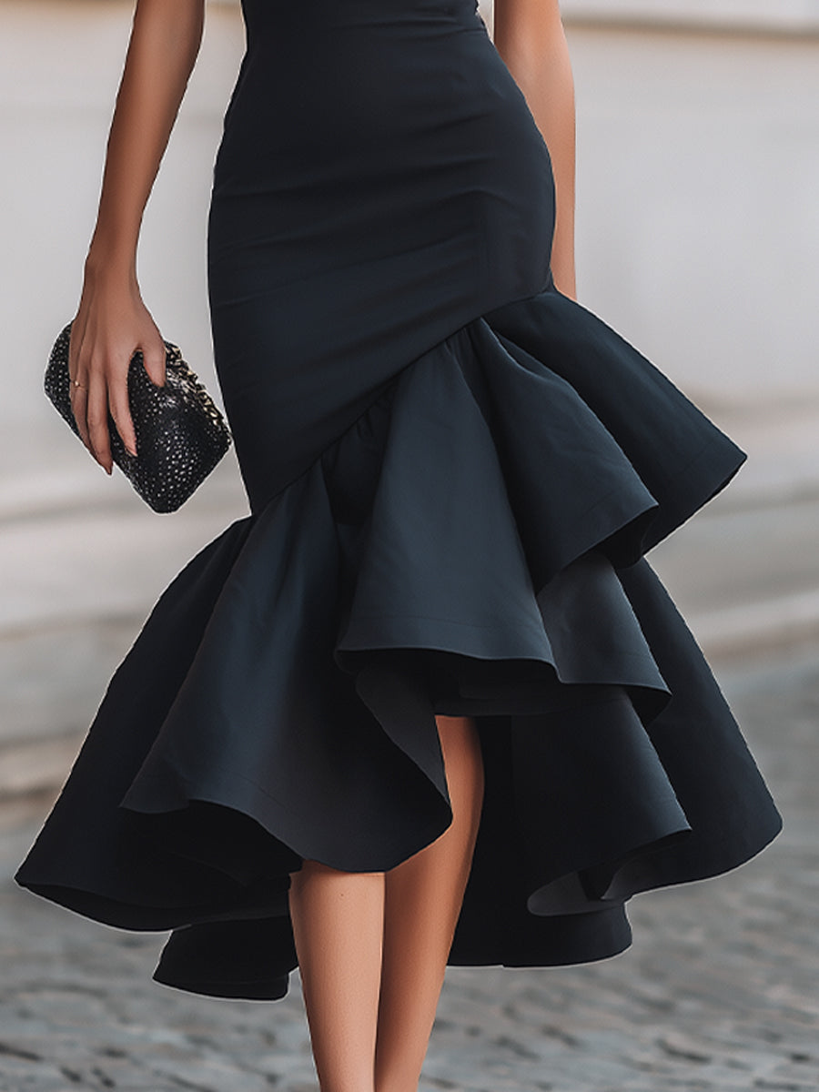 Olivia Bennet | Asymmetrical Ruffle Hem Tailored Midi Dress
