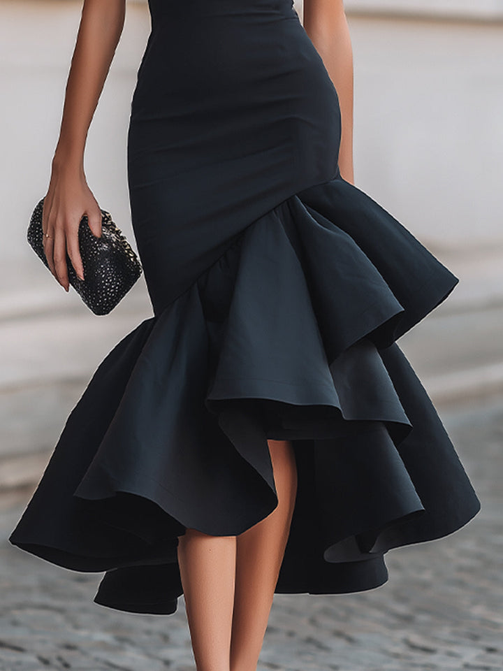 Olivia Bennet | Asymmetrical Ruffle Hem Tailored Midi Dress