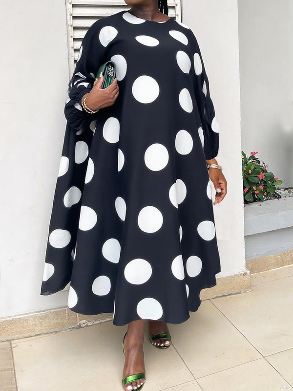 Olivia Bennet | Long Sleeves Loose Contrast Color Polka-Dot Round-Neck Maxi Dresses