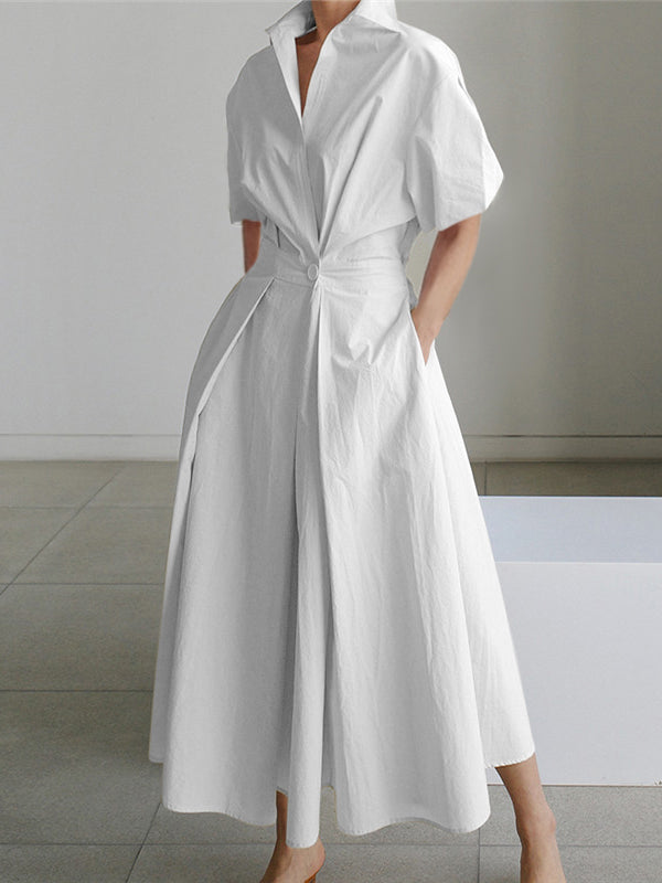 Olivia Bennet | High Waisted Loose Pleated Solid Color V-Neck Midi Dresses