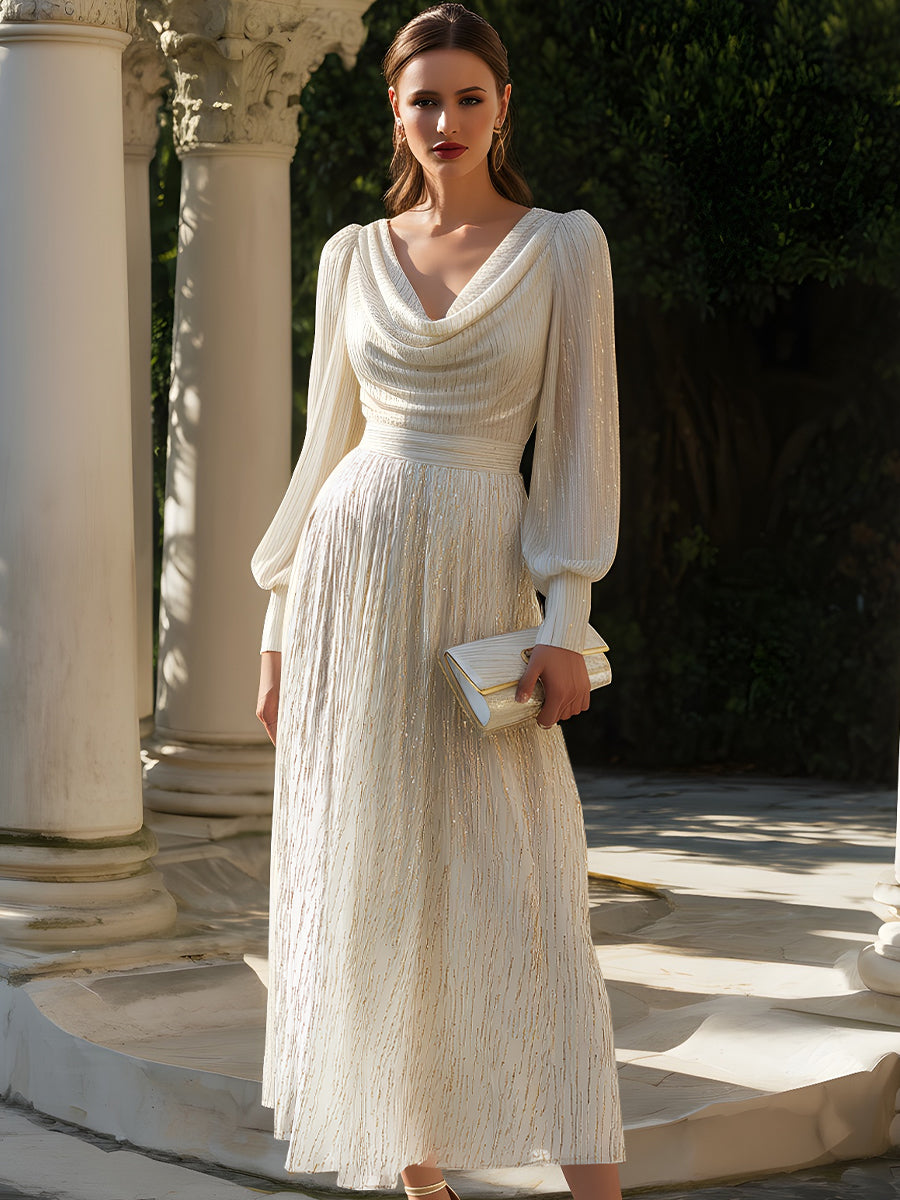 Olivia Bennet | Pleated Cowl Neck Metallic Gown
