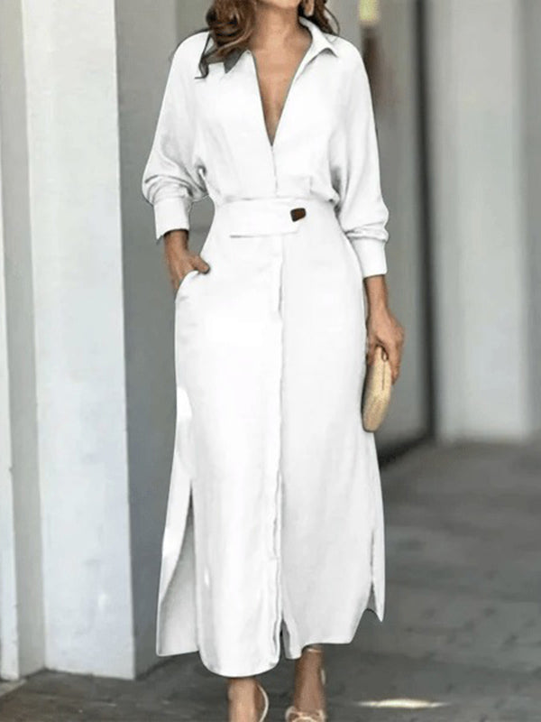 Olivia Bennet | Long Sleeves Loose Split-Joint Split-Side V-Neck Maxi Dresses Shirt Dress