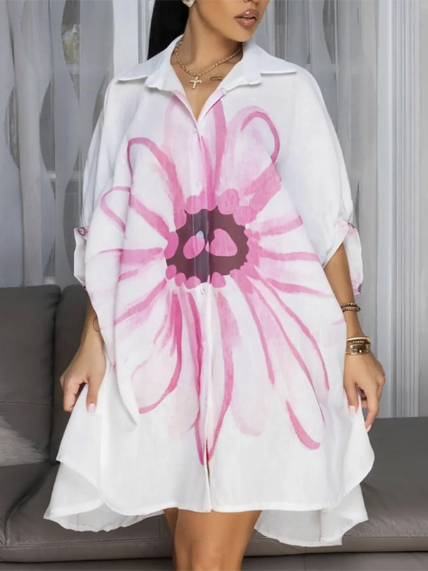 Olivia Bennet | Half Sleeves Loose Buttoned Flower Print Lapel Mini Dresses Shirt Dress