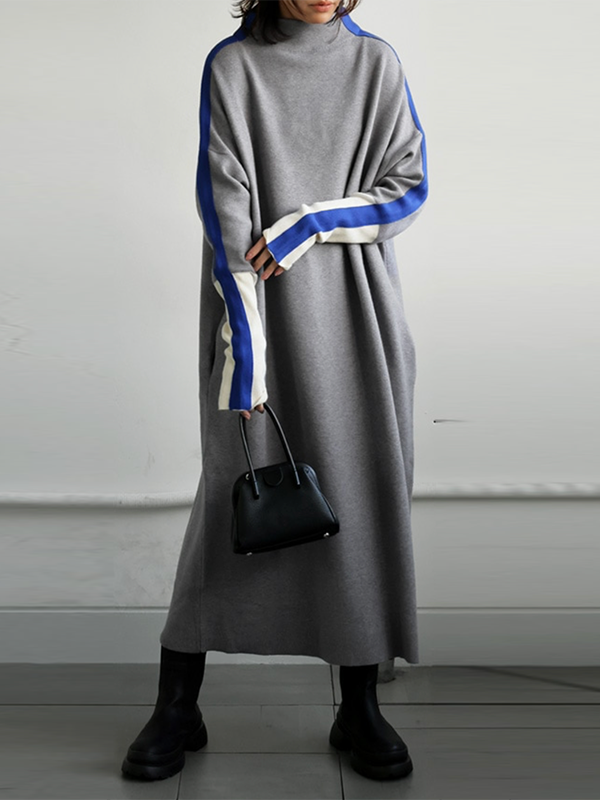 Olivia Bennet | Long Sleeves Loose Contrast Color Stand Collar Maxi Dresses