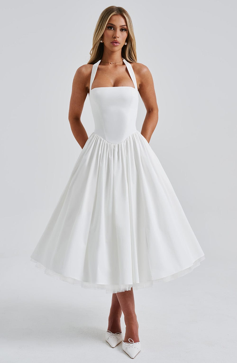 Women Wedding Guest Halter Midi Dress