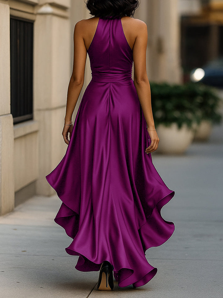 Olivia Bennet | Midnight Elegance Satin Halter Ruffle Gown