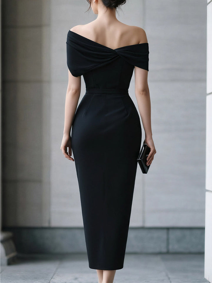 Olivia Bennet | Black Asymmetric Off-Shoulder Midi Dress