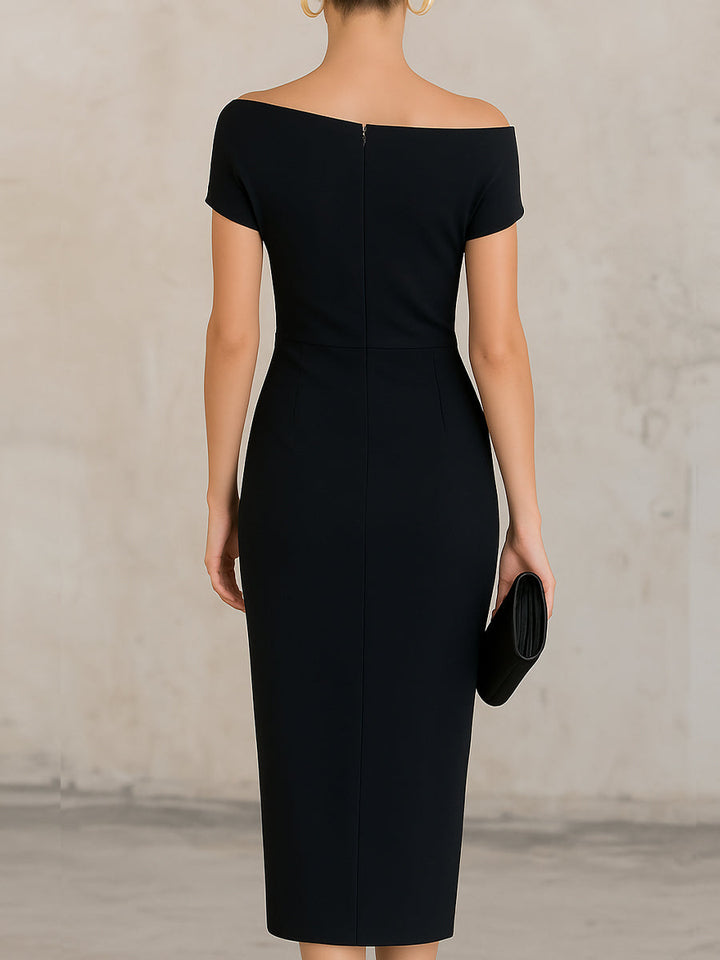 Olivia Bennet | Minimalist Black Asymmetric One-Shoulder Midi Dress