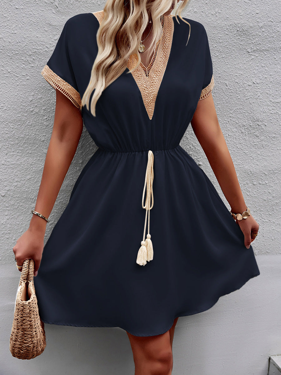 Olivia Bennet | A-Line Elasticated Waist Contrast Color Drawstring Hollow Split-Joint Tasseled Tied V-Neck Mini Dresses