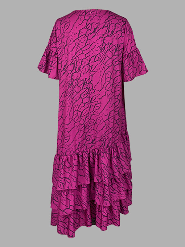Olivia Bennet | Flared Sleeves Half Sleeves Asymmetric Layered Pleated Printed Ruffle Trim Round-Neck Maxi Dresses