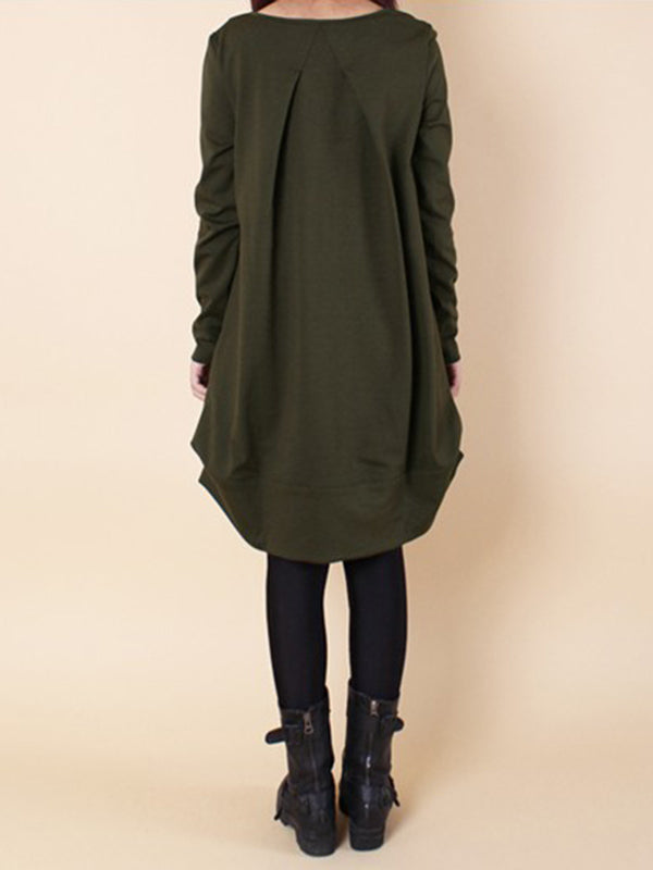 Olivia Bennet | A-line Long Sleeves Pleated Solid Color Round-neck Dresses Maxi Dresses