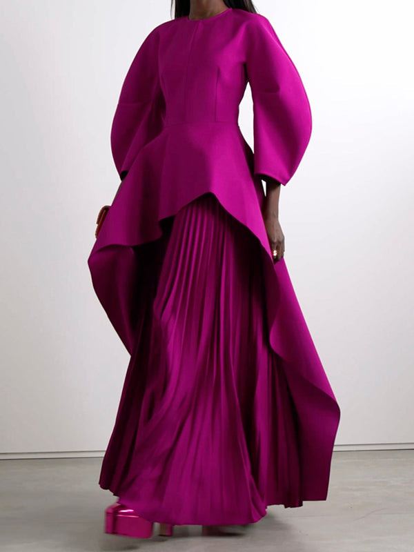 Olivia Bennet | Long Sleeves Loose Pleated Solid Color Split-Joint Tiered Round-Neck Maxi Dresses