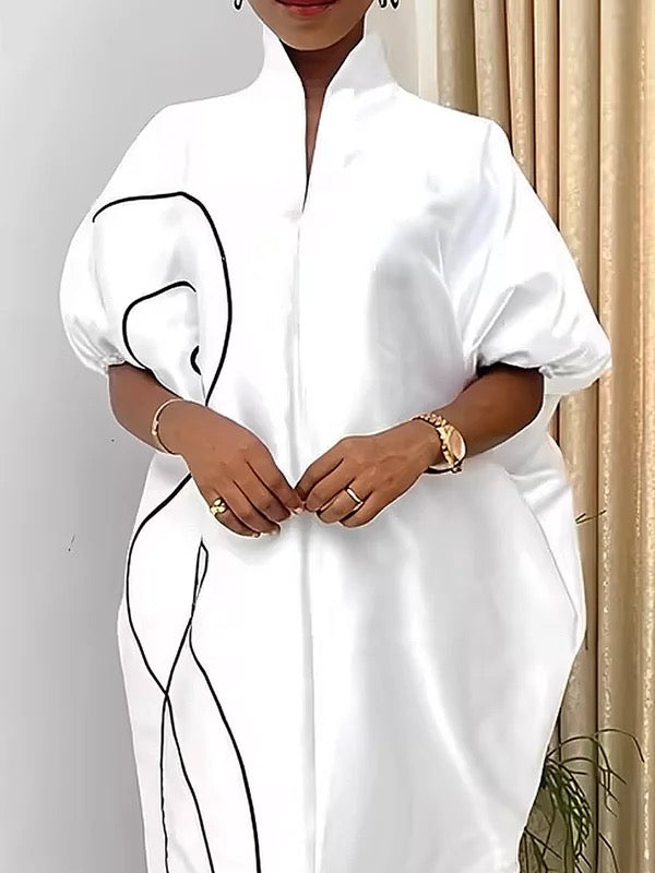 Olivia Bennet | Half Sleeves Loose Elasticity Printed Split-Front Stand Collar Maxi Dresses