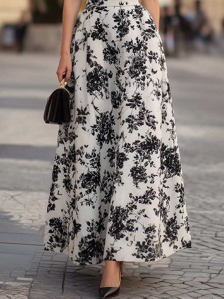 Olivia Bennet | Black Puff Sleeve Bodice & Black Floral Print Maxi Dress