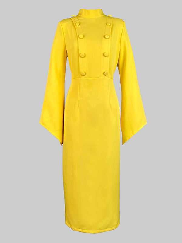 Olivia Bennet | Flared Sleeves High Waisted Buttoned Solid Color Mock Neck Midi Dresses