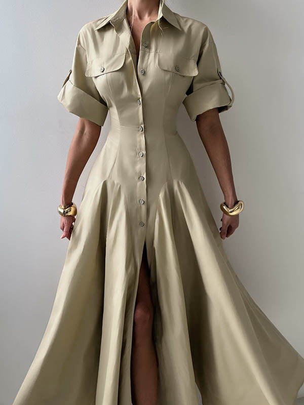 Olivia Bennet | Short Sleeves Buttoned Solid Color Lapel Maxi Dresses Shirt Dress