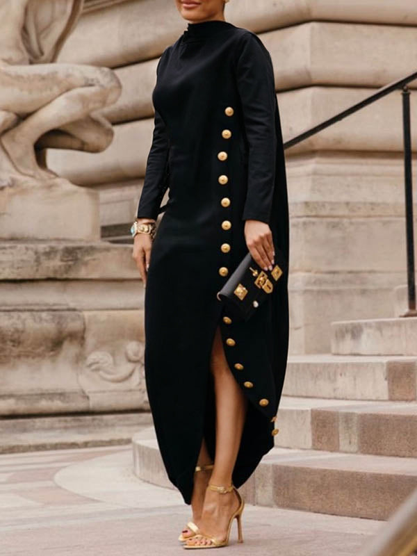 Olivia Bennet | Long Sleeves Loose Asymmetric Buttoned Split-Joint Split-Side Mock Neck Maxi Dresses