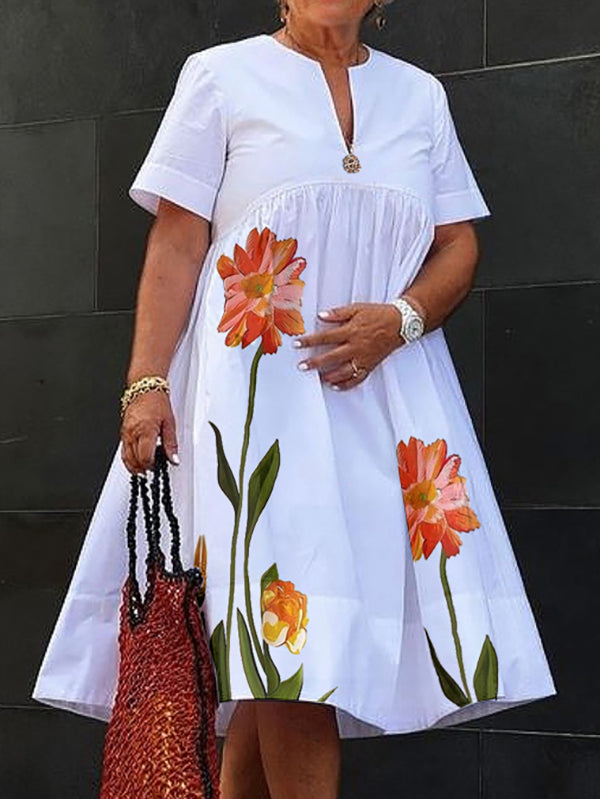 Olivia Bennet | A-Line High Waisted Flower Print Pleated V-Neck Midi Dresses