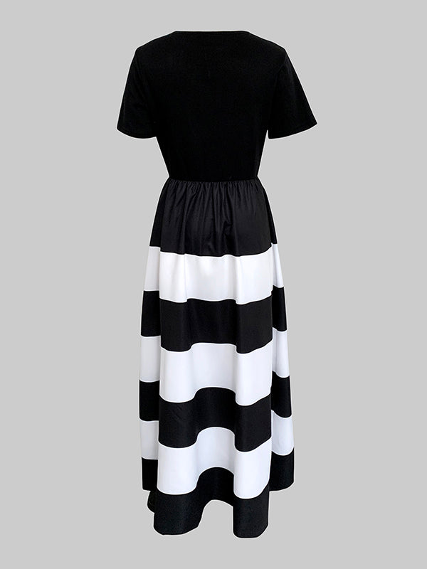 Olivia Bennet | A-Line High Waisted Contrast Color Pleated Pockets Round-Neck Maxi Dresses