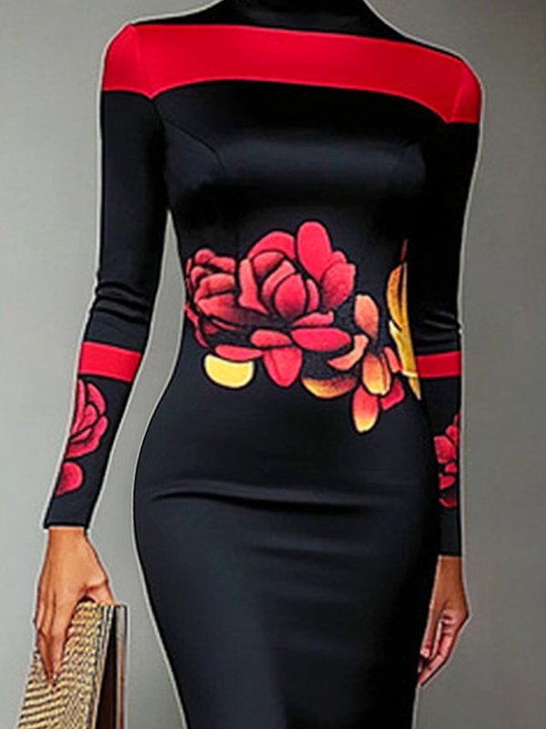 Olivia Bennet | Bodycon Long Sleeves Flower Print High Neck Midi Dresses