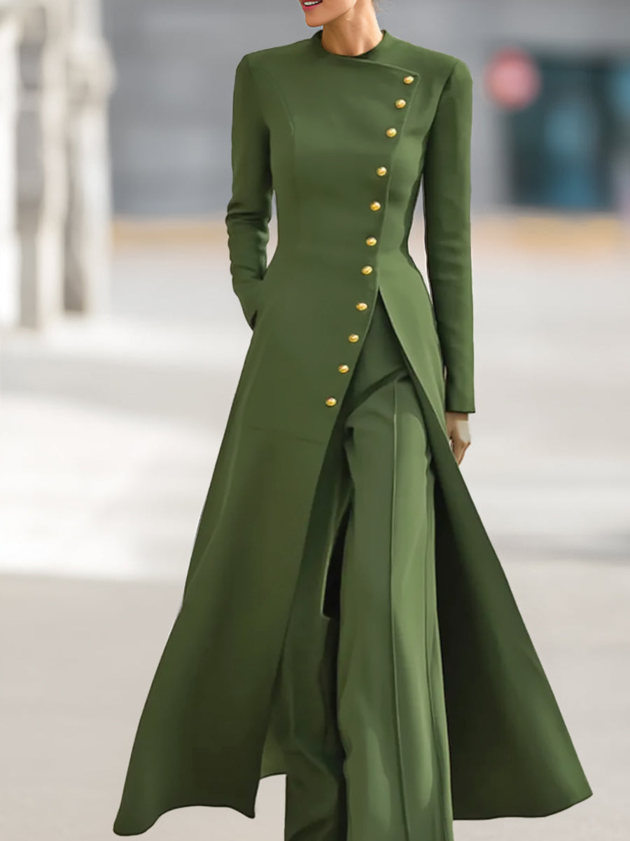 Olivia Bennet | High Waisted Long Sleeves Buttoned Solid Color Split-Front Round-Neck Midi Dresses