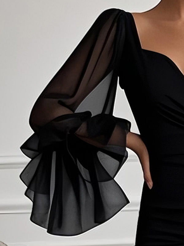 Olivia Bennet | Flared Sleeves Long Sleeves Solid Color Split-side Zipper V-neck Maxi Dresses
