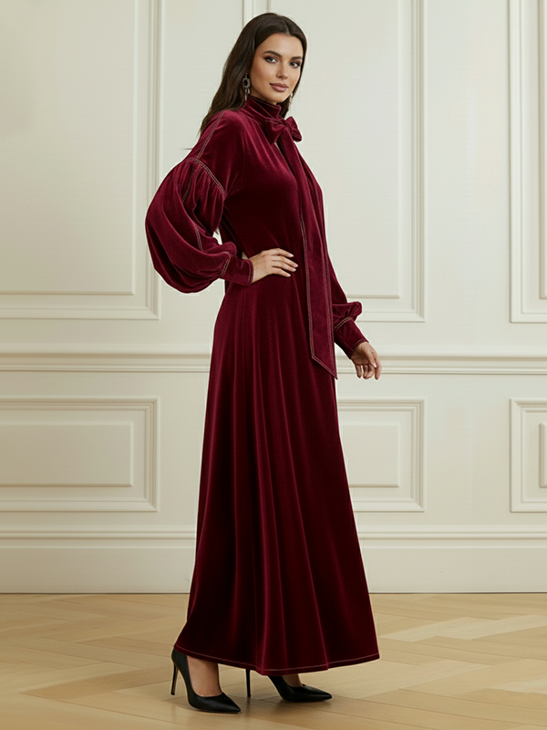 Olivia Bennet | A-Line Long Sleeves Bow-Embellished Pleated Solid Color Split-Joint High Neck Maxi Dresses