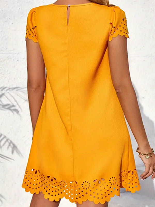 Olivia Bennet | Loose Short Sleeves Hollow Pleated Solid Color Split-Joint Round-Neck Mini Dresses