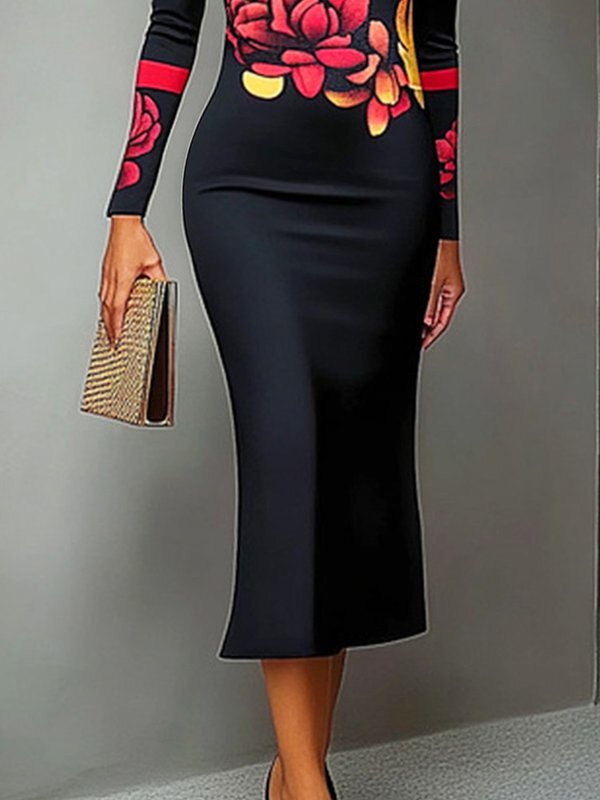 Olivia Bennet | Bodycon Long Sleeves Flower Print High Neck Midi Dresses