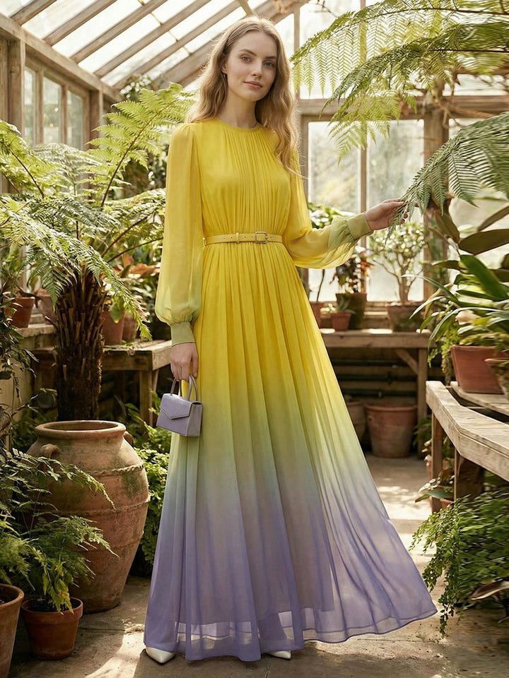 Olivia Bennet | High Waisted Long Sleeves Belted Contrast Color Gradient Pleated Split-Joint Round-Neck Maxi Dresses