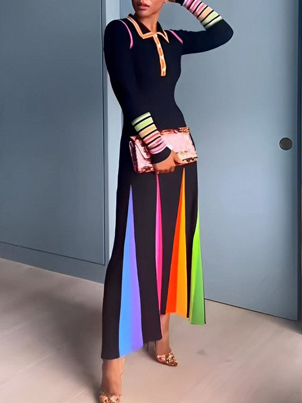 Olivia Bennet | Long Sleeves Skinny Buttoned Printed Lapel Maxi Dresses