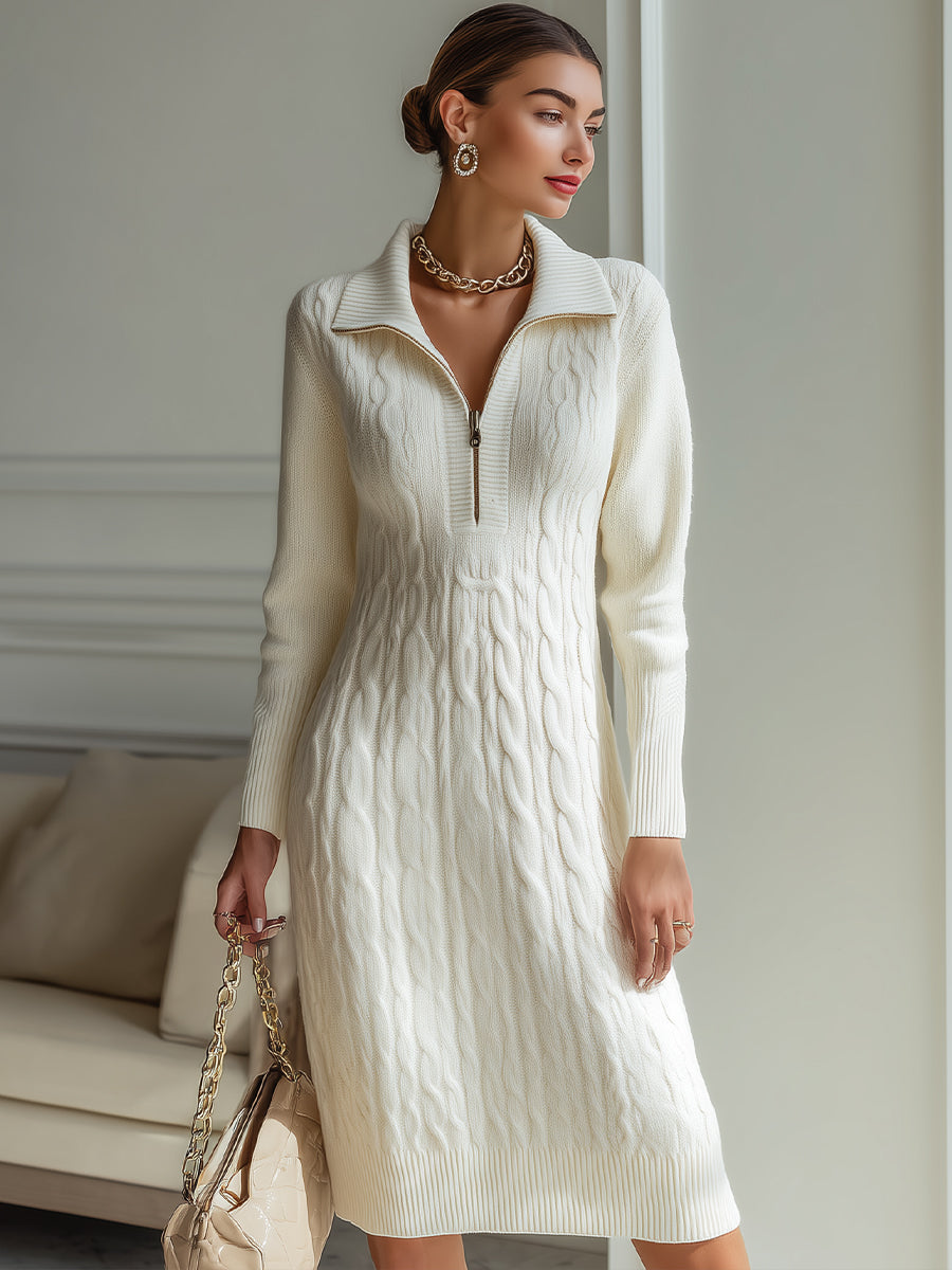 Olivia Bennet | Ivory Zip-Front Knitted Sweater Dress