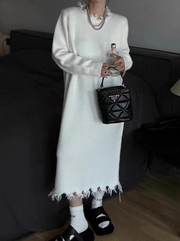 Olivia Bennet | High Waisted Long Sleeves Fringed Solid Color Round-Neck Midi Dresses Sweater Dresses
