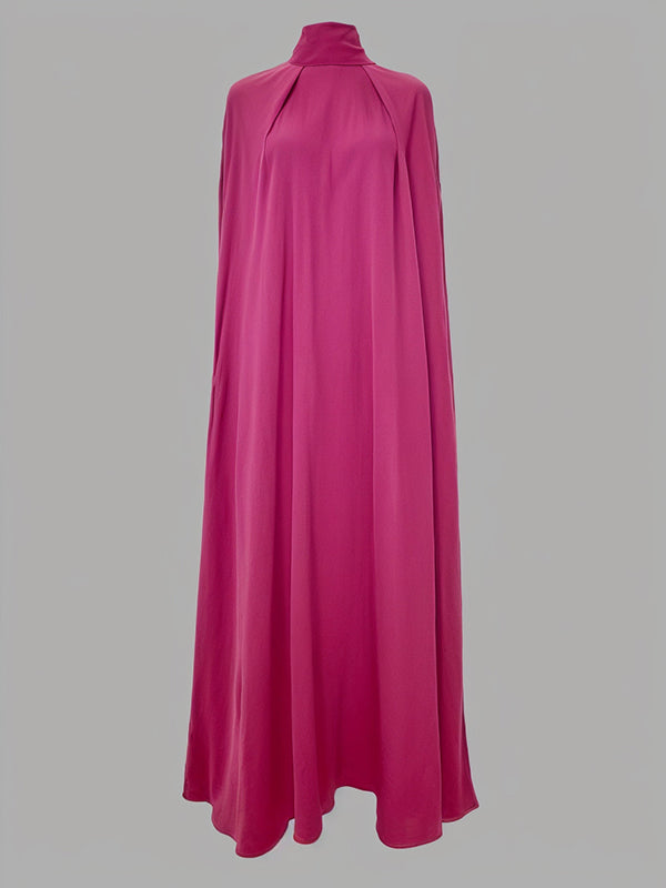 Olivia Bennet | Simple Batwing Sleeves Lace-Up Solid Color High-Neck Midi Dresses