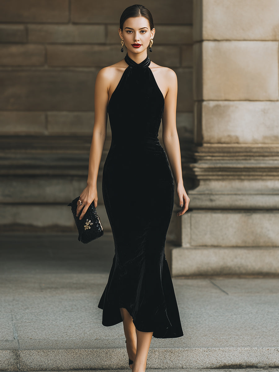 Olivia Bennet | Black Halter-Neck Mermaid Cocktail Dress