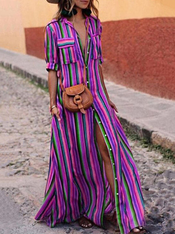 Olivia Bennet | Long Sleeves Loose Split-Joint Striped Lapel Maxi Dresses Shirt Dress