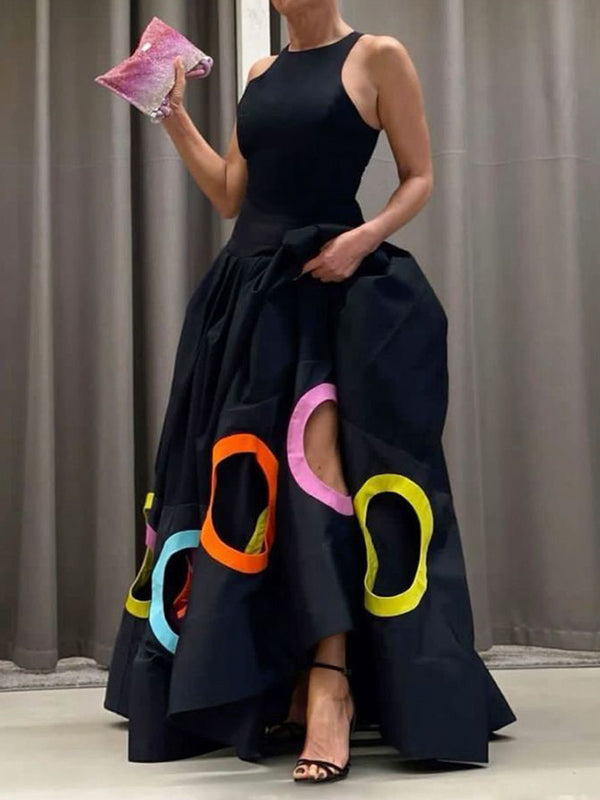 Olivia Bennet | Sleeveless Hollow Pleated Split-Joint Round-neck Maxi Dresses